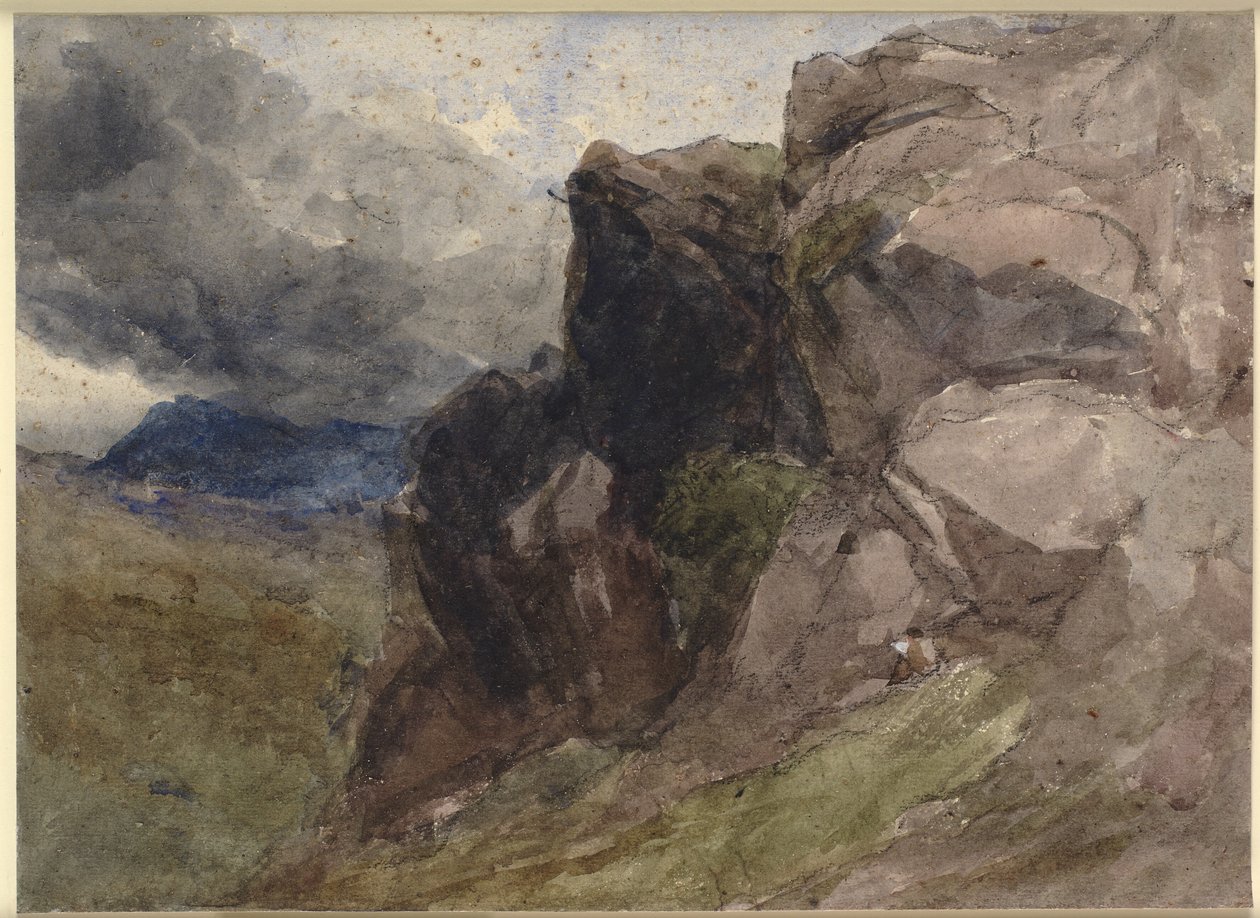 Kivinen maisema Walesissa, jossa hahmopiirros etualalla oikealla tekijältä David Cox d.Æ.