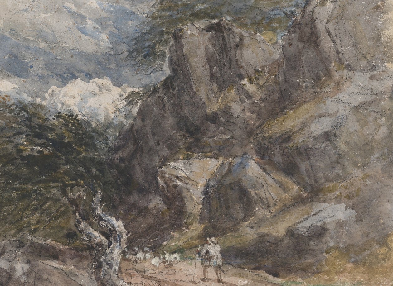 Lampaiden ajaminen kivisessä maisemassa, n. 1846. tekijältä David Cox the elder
