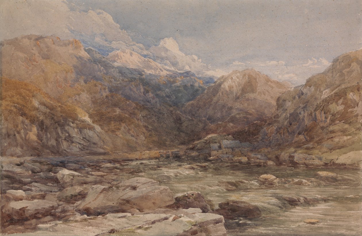 Jokimaisema Walesissa, n. 1850. tekijältä David Cox the elder