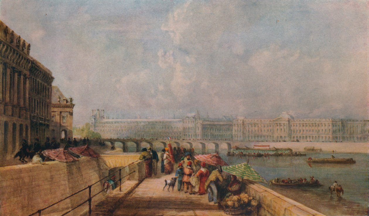 Pont des Arts ja Louvre Quai Contista, vuodelta 1849 tekijältä David Cox the elder