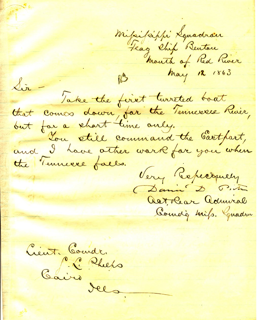 Kirje David D.Porterilta, Yhdysvaltain Bentonilta, Red Riverin suulta, Seth Ledyard Phelpsille, Kairo, Illinois, 12. toukokuuta 1863 tekijältä David D. Porter