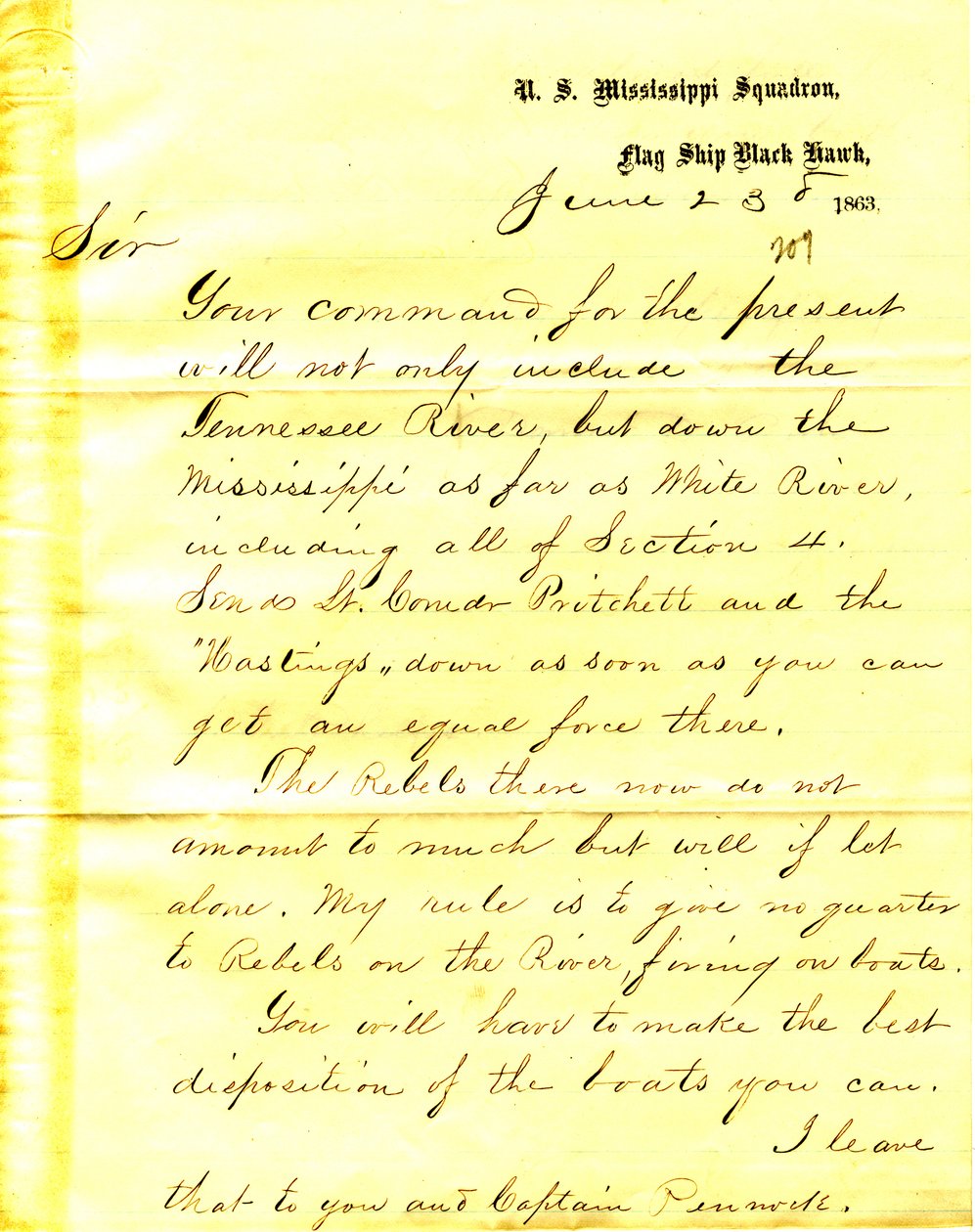 David D. Porterin, U. S. S. Black Hawk, kirje Seth Ledyard Phelpsille, 23. kesäkuuta 1863. tekijältä David D. Porter