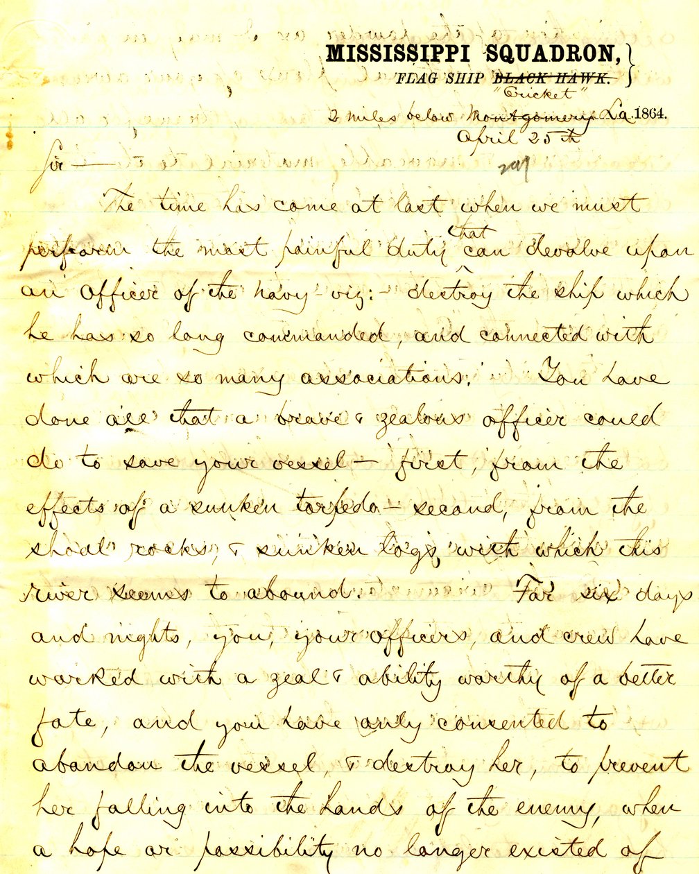 Kirje David D.Porterilta, Yhdysvaltain kriketti, 2 mailia Montgomeryn, Louisiana, alla, [Seth Ledyard] Phelpsille, komentaja U.S.Sport Eastportille, 2 mailia Montgomeryn alapuolelle, Louisiana, 25. huhtikuuta 1864 tekijältä David D. Porter