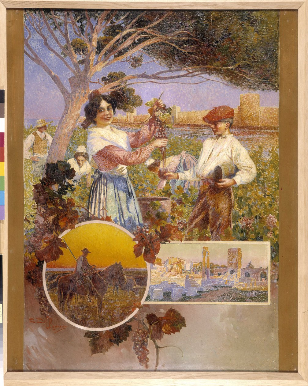 Aigues Mortes (Aigues-Mortes), Arles, Camargue: nuori nainen näyttää kaunista rypäleterttua, jonka hän on juuri poiminut viinitarhasta. David Dellepiane (1866-1932), pointillismi. Pakollinen maininta: Collection fondation regards de Provence, Marseille (cm tekijältä David Dellepiane