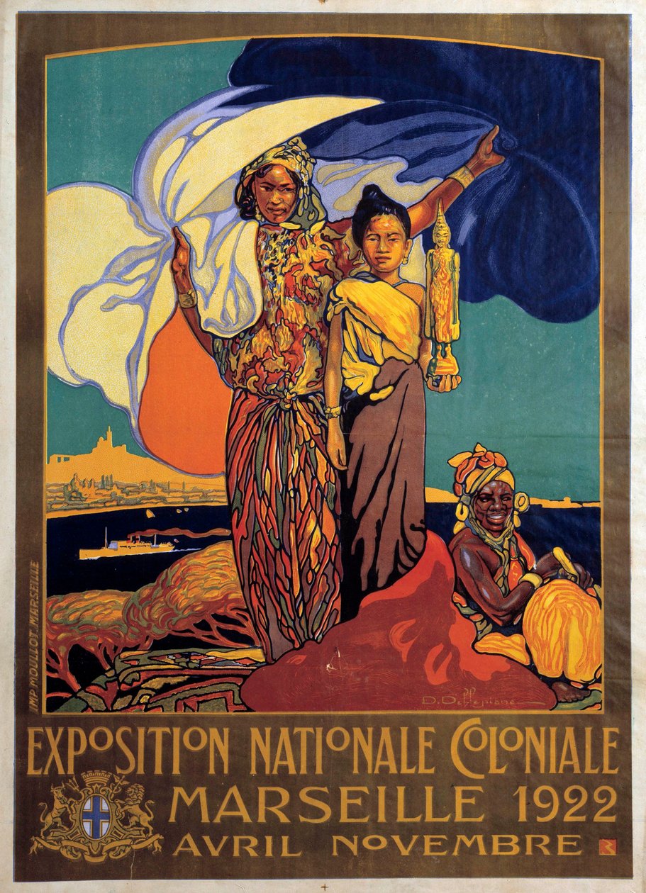 Kolonialismi: Marseillen kansallisen siirtomaanäyttelyn juliste, David Dellepianen (1866-1932) juliste tekijältä David Dellepiane