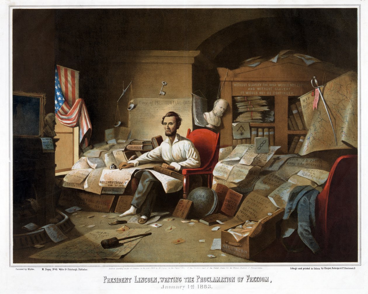 Presidentti Lincoln, kirjoittamassa vapaudenjulistusta, 1. tammikuuta 1863, pub. 1864 tekijältä David Gilmour Blythe