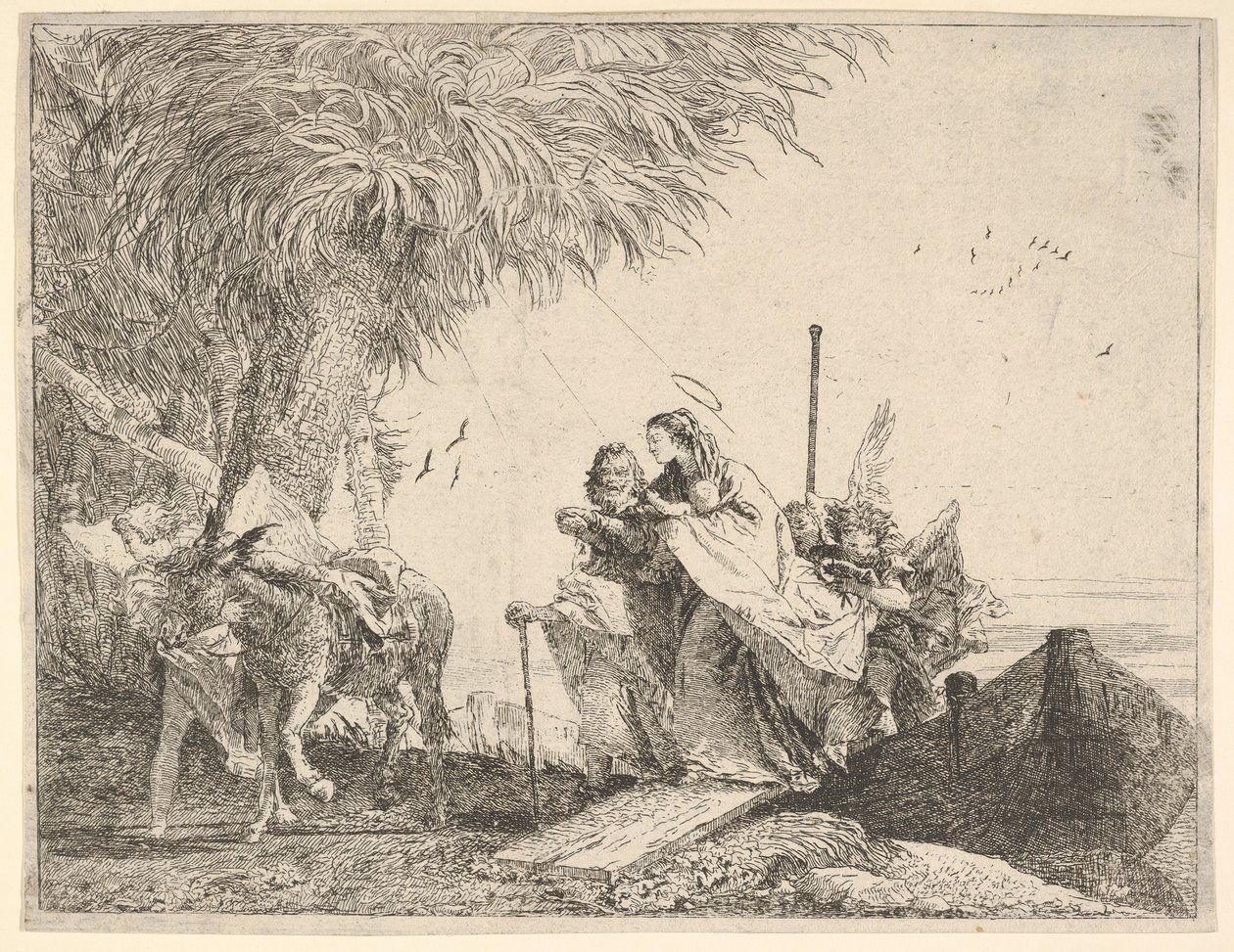 Maria, Joosefin ja enkelin auttamana, astumassa veneestä rantaan, enkeli pysähtyy..., 1753. tekijältä David Giovanni