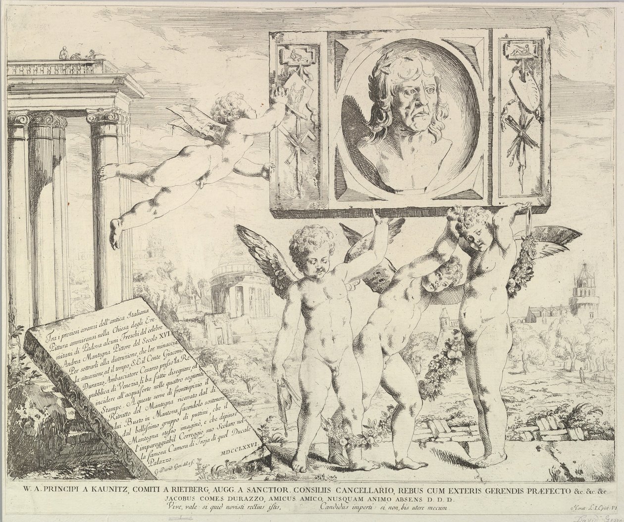 Nimisivu: Kunnioitus Mantegnalle, tarinasta Pyhien Jaakobin ja Christopherin tarina Eressä..., 1776. tekijältä David Giovanni