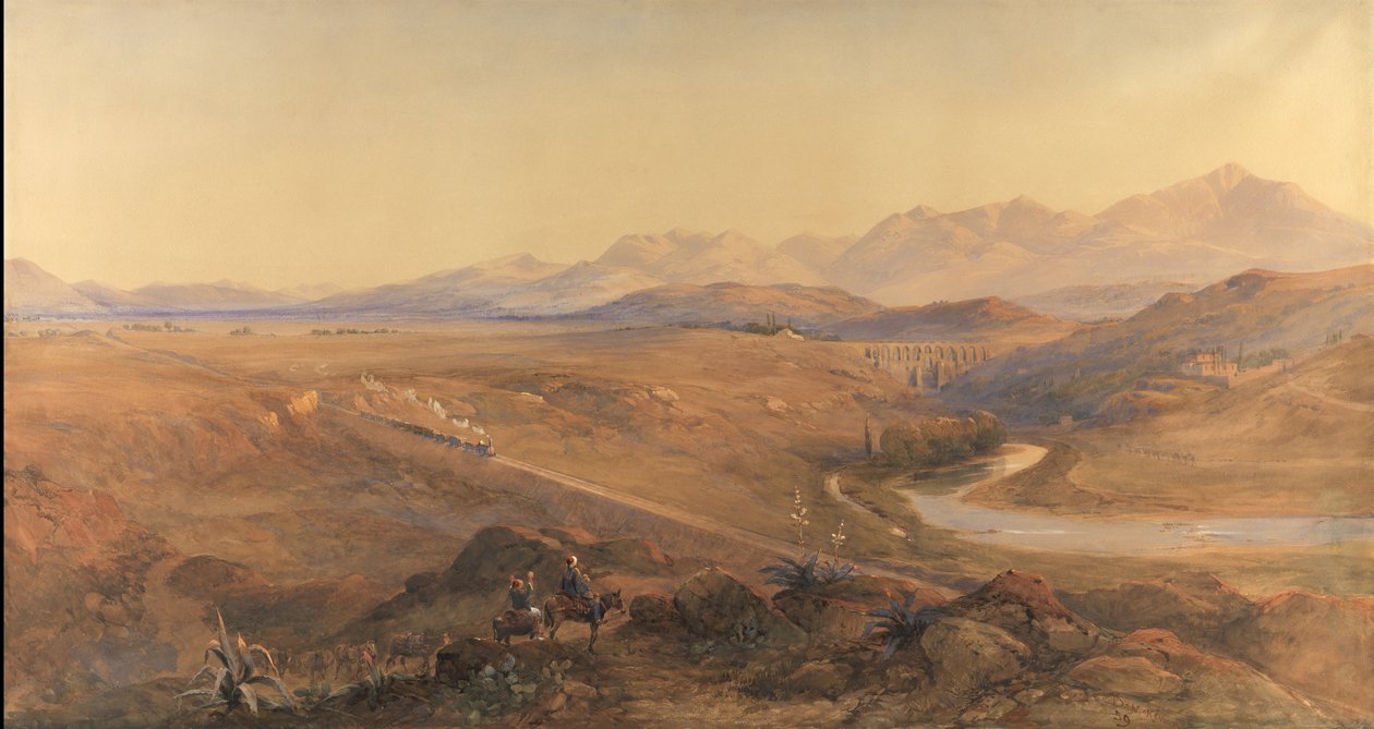 Höyryjuna ottomaanien rautateillä, 1859 (wc ja vartalovärillä korotettu kynä) tekijältä David Hall McKewan
