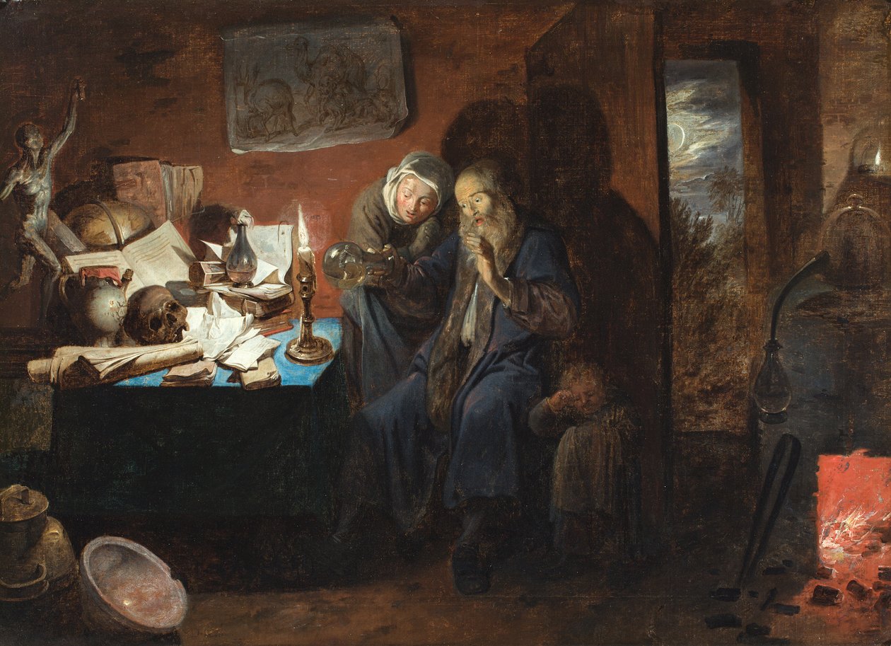 Sisustus, jossa on alkemisti, nainen ja lapsi (vanitas) (öljy kankaalle) tekijältä David III Ryckaert
