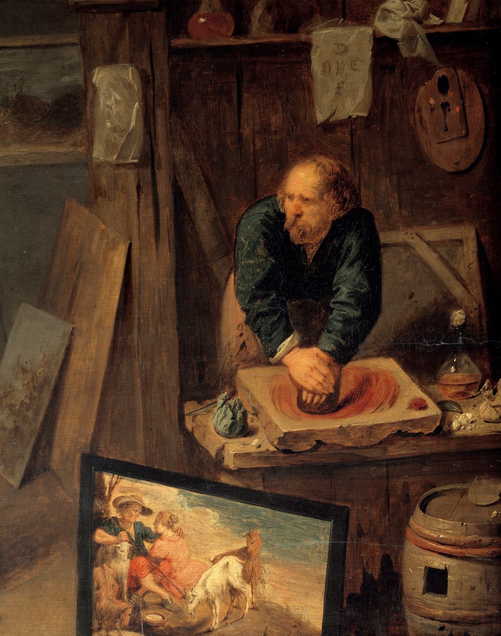 Maalarin työpaja malliposeerauksella ja värihiomakoneella Yksityiskohta. David III Ryckaertin (1612-1661) maalaus, Ec. Flam tekijältä David III Ryckaert
