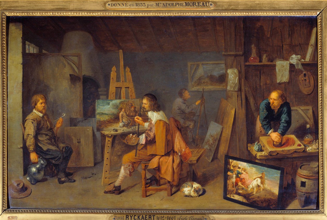 Maalarin työpaja poseerausmallilla ja värihiomakoneella. David III Ryckaertin (1612-1661) maalaus, Ec. Flam tekijältä David III Ryckaert