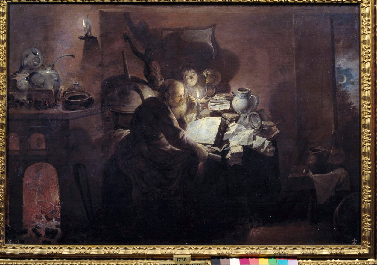 Alkemisti studiossaan. David Ryckaert III:n (Rijckaert) maalaus (1612 - 1661) Ec. Flam. tekijältä David III Ryckaert