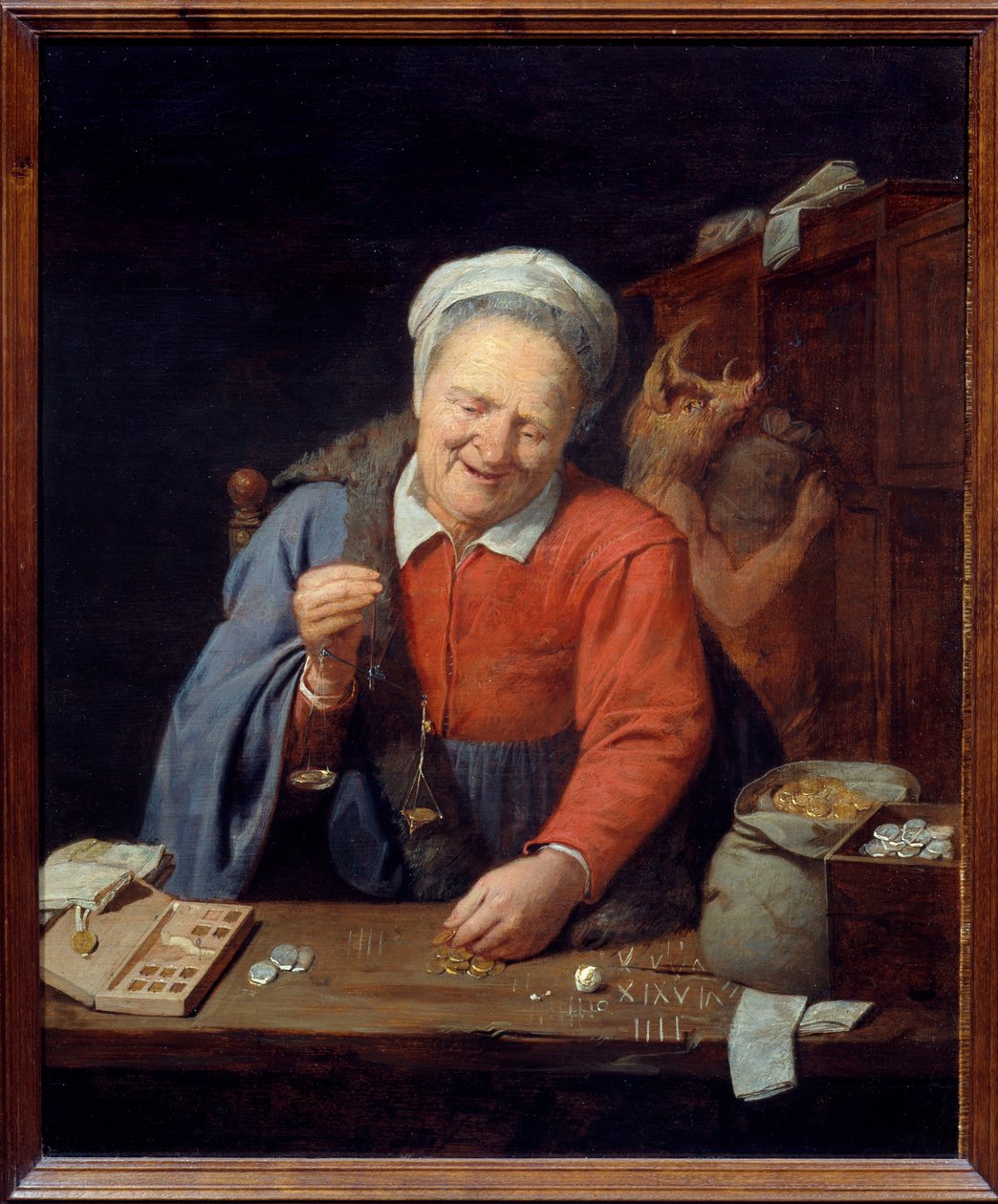 Kultainen vaaka. Vanha nainen, jolla on pieni vaaka, punnitsee kultakappaleita, kun taas alareunassa mies villisianpäällä varastoi kasseja kaapissa. David III Ryckaertin (1612-1661) maalaus Ec. Flam. tekijältä David III Ryckaert