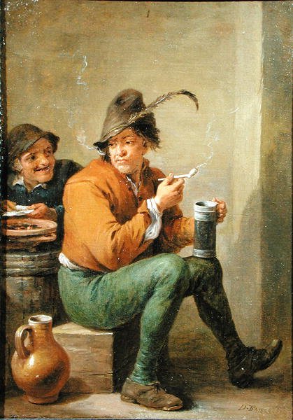 Talonpoika pitelee kivitavarakannua ja savipiippua (öljy paneelissa) tekijältä David III Teniers