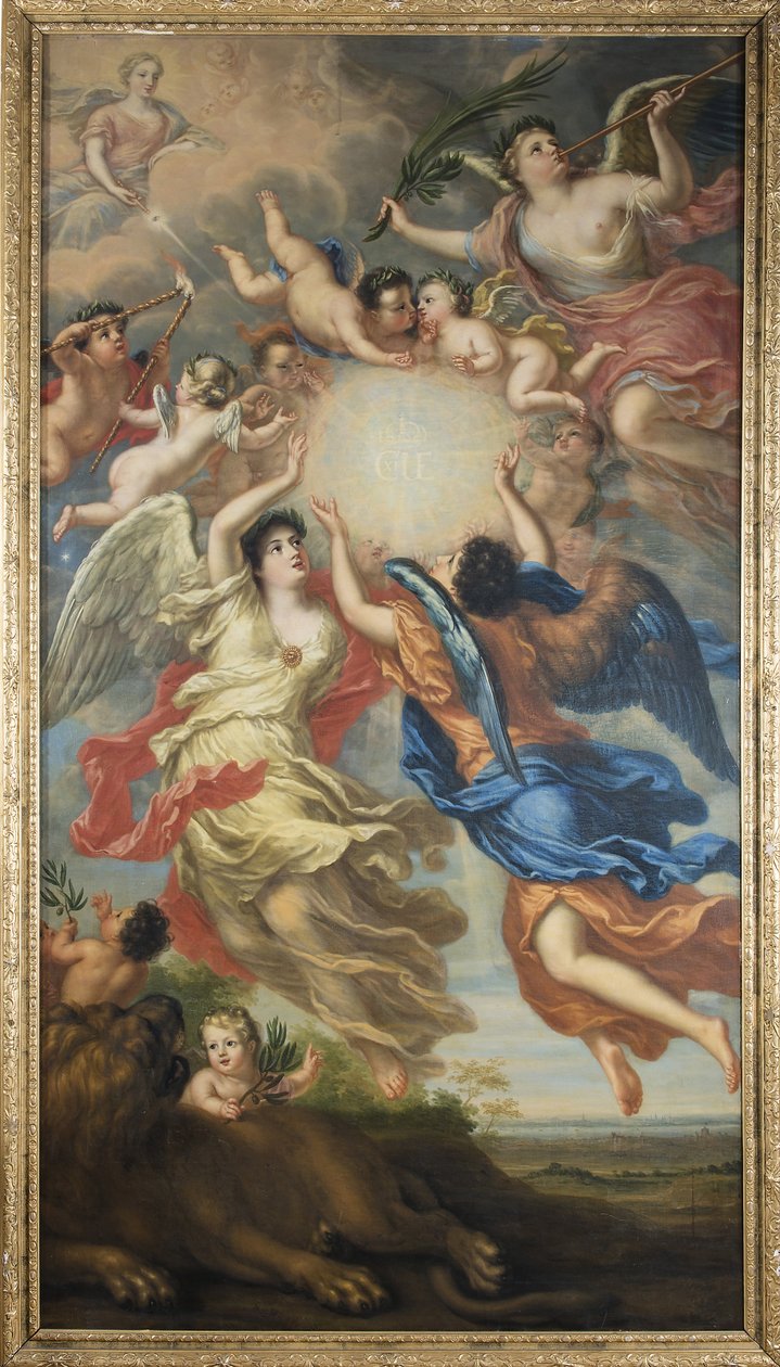 Allegoria Kaarle XI:stä Ruotsista ja Ulrique Eleonoresta Tanskasta ja Norjasta - Allegoria Kaarle XI:stä Ruotsista (1655-1697) ja Ulrika Eleonorasta Tanskasta (1656-1693), kirjoittanut Ehrenstrahl, David Kloecker (1629-1698). Öljy kankaalle tekijältä David Klöcker Ehrenstrahl