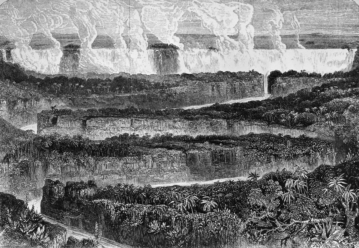 Näkymä Zambezin suuresta kaihista, joka tunnetaan nimellä Mosi-oa-Tuny tai Victoria Falls, Sambia, kaiverrus artikkelista Narrative of Expedition to Zambezi ja sen sivujoet, David Livingstone (1813-1873) ja Charles Livingstone (1821-1873), Lontoo tekijältä David Livingstone
