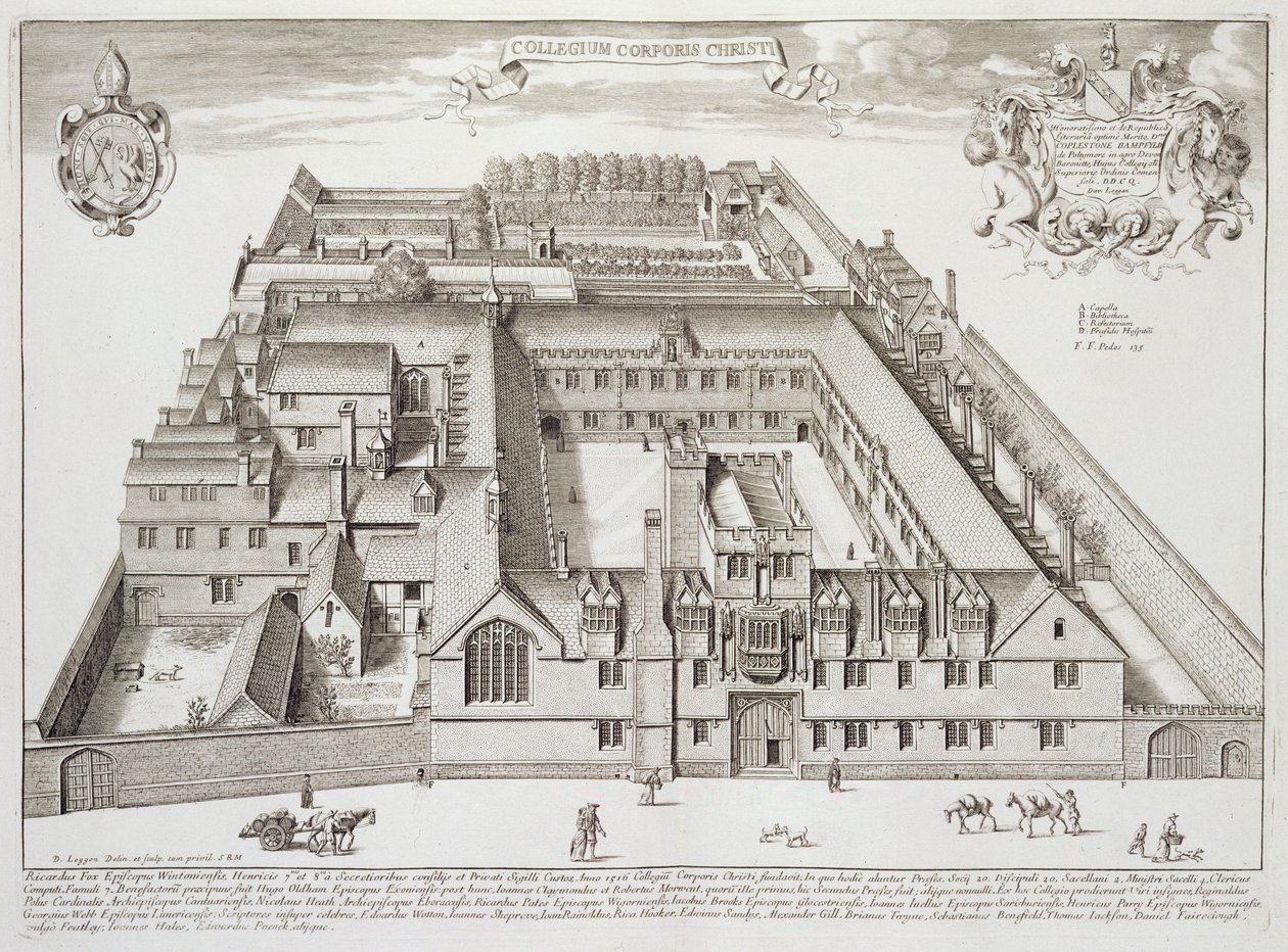 Corpus Christi College, Oxford, "Oxonia Illustrated", julkaistu 1675 (kaiverrus) tekijältä David Loggan