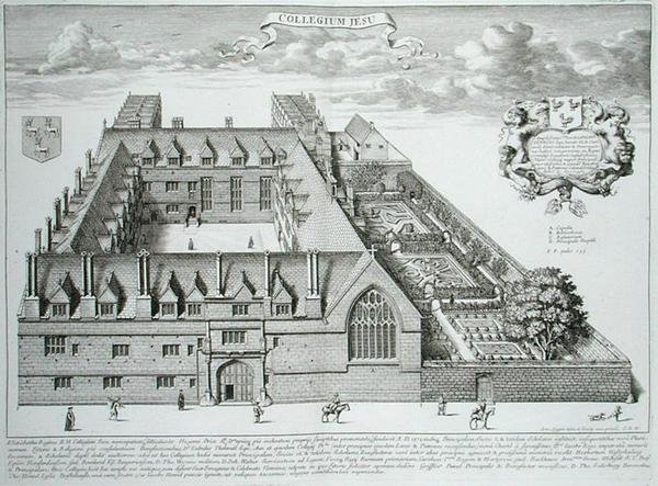 Jesus College, Oxford, Oxonia Illustratasta, julkaistu 1675 (kaiverrus) tekijältä David Loggan