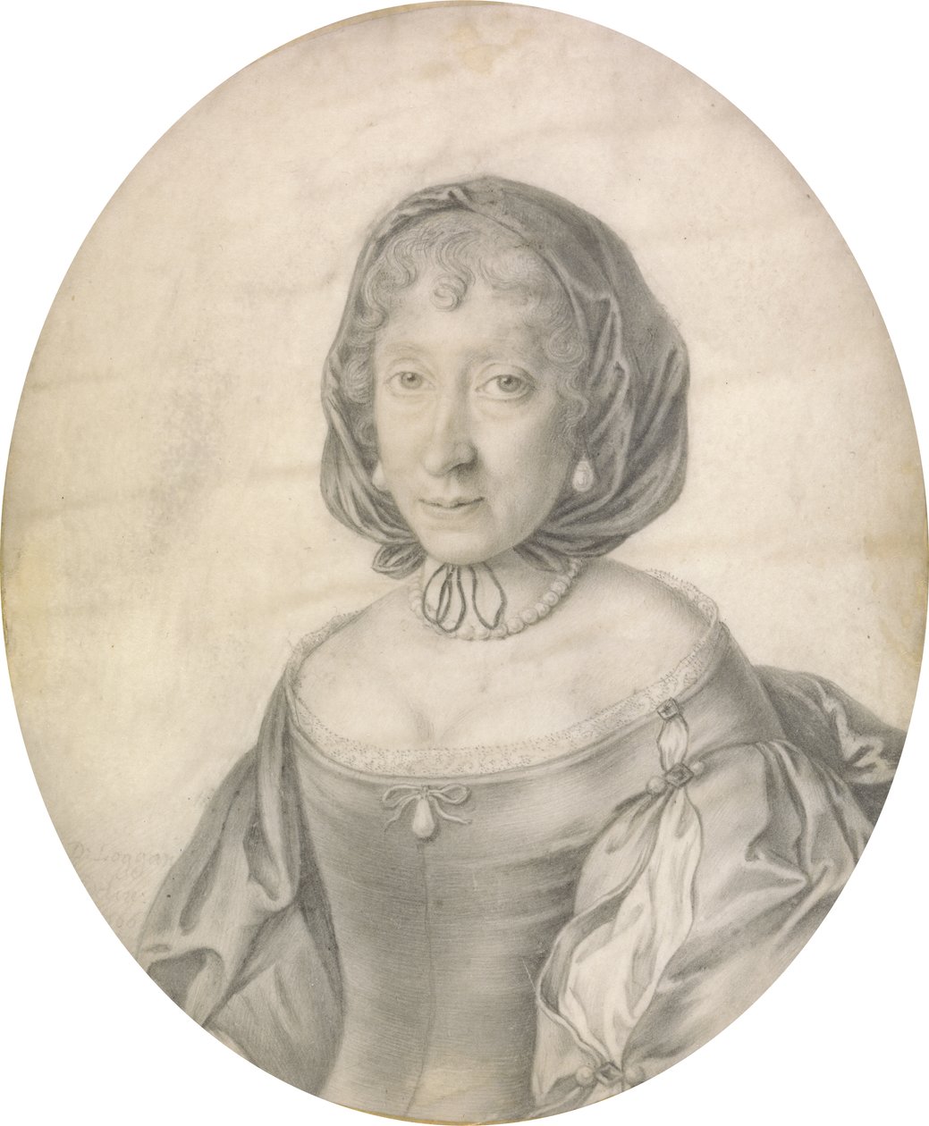 Naisen muotokuva, 1666 (musta lyijy persukankaalla pesukoneella) tekijältä David Loggan