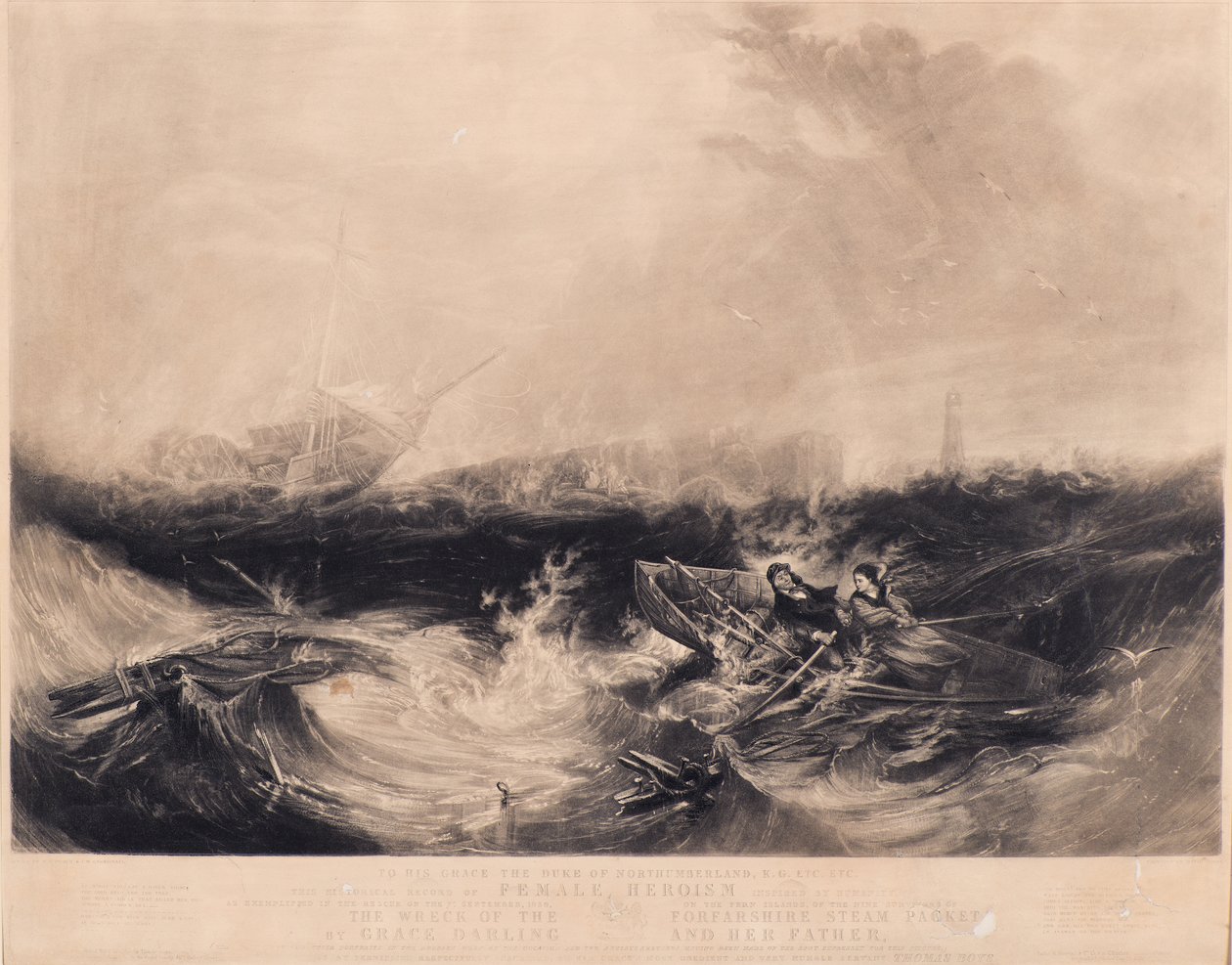 Grace Darling ja hänen isänsä pelastavat yhdeksän selviytyjää Forfarshiresta tekijältä David Lucas