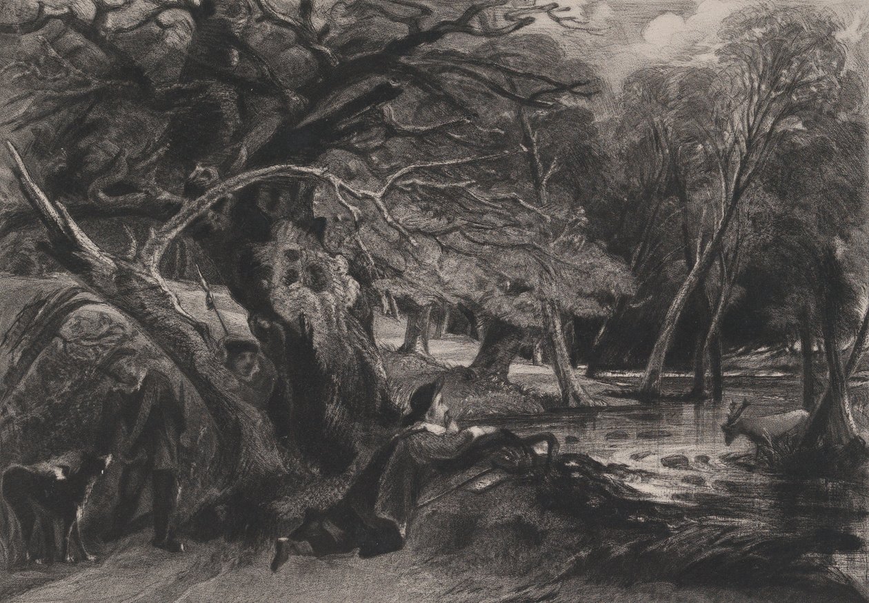 Jacques ja haavoittunut polttarit Shakespeare, kuten pidät, näytös 2, kohtaus 1, 1830. tekijältä David Lucas