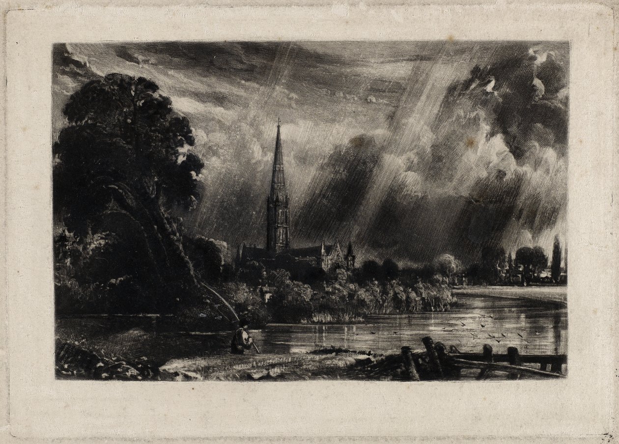 Salisburyn katedraali, n. 1832 (mezzotint valkoisella liidulla paperille) tekijältä David Lucas