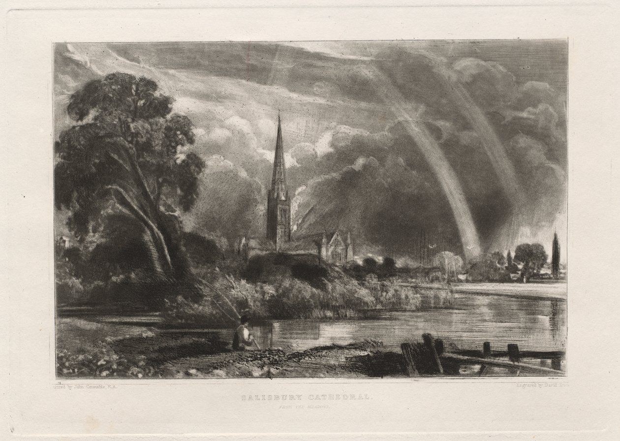 Salisbury Cathedral from the Meadows Small Plate, 1855. tekijältä David Lucas