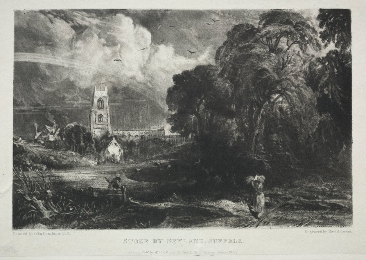 Erilaisia maisema-aiheita, tyypillisiä englantilaisille maisemille...Stoke by Nayland, Suffolk, 1830. tekijältä David Lucas
