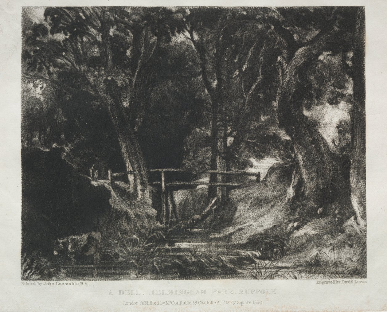 Erilaisia maisema-aiheita, tyypillisiä englantilaisille maisemille kuvista, jotka on maalannut John Constable, R.A.: Dell in the Woods of Helmingham Park, Suffolk tekijältä David Lucas
