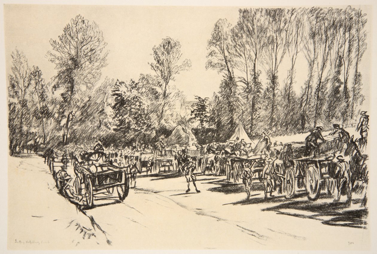 Varastojen täyttöpiste, kuvitus teoksesta "The Western Front", julkaisija Country Life Ltd. tekijältä David Muirhead Bone