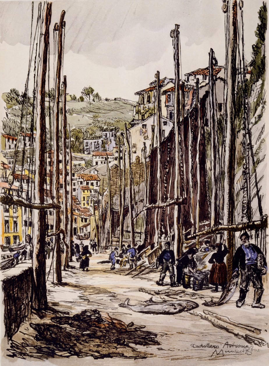 Tonnikalanpyytäjät, Cudillero, Asturian rannikolla tekijältä David Muirhead Bone