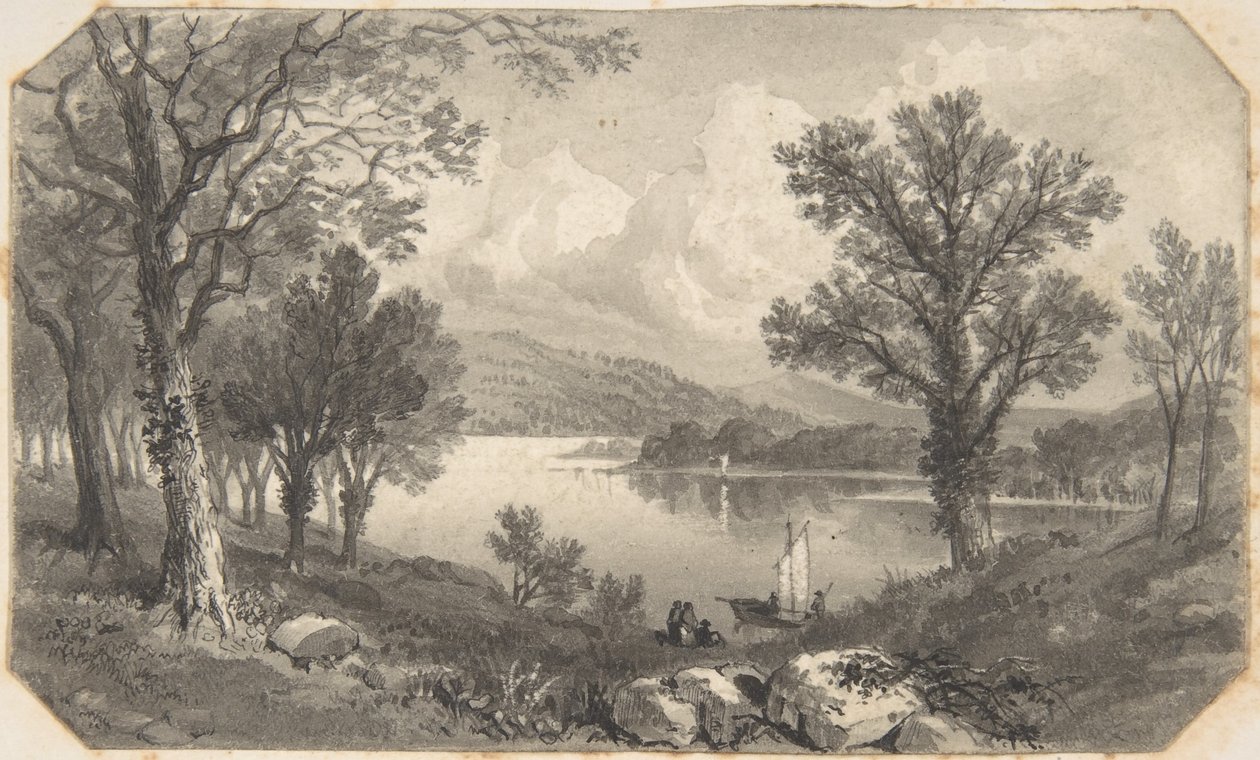 Näkymä järvelle tai joelle purjeveneineen tekijältä David Octavius Hill