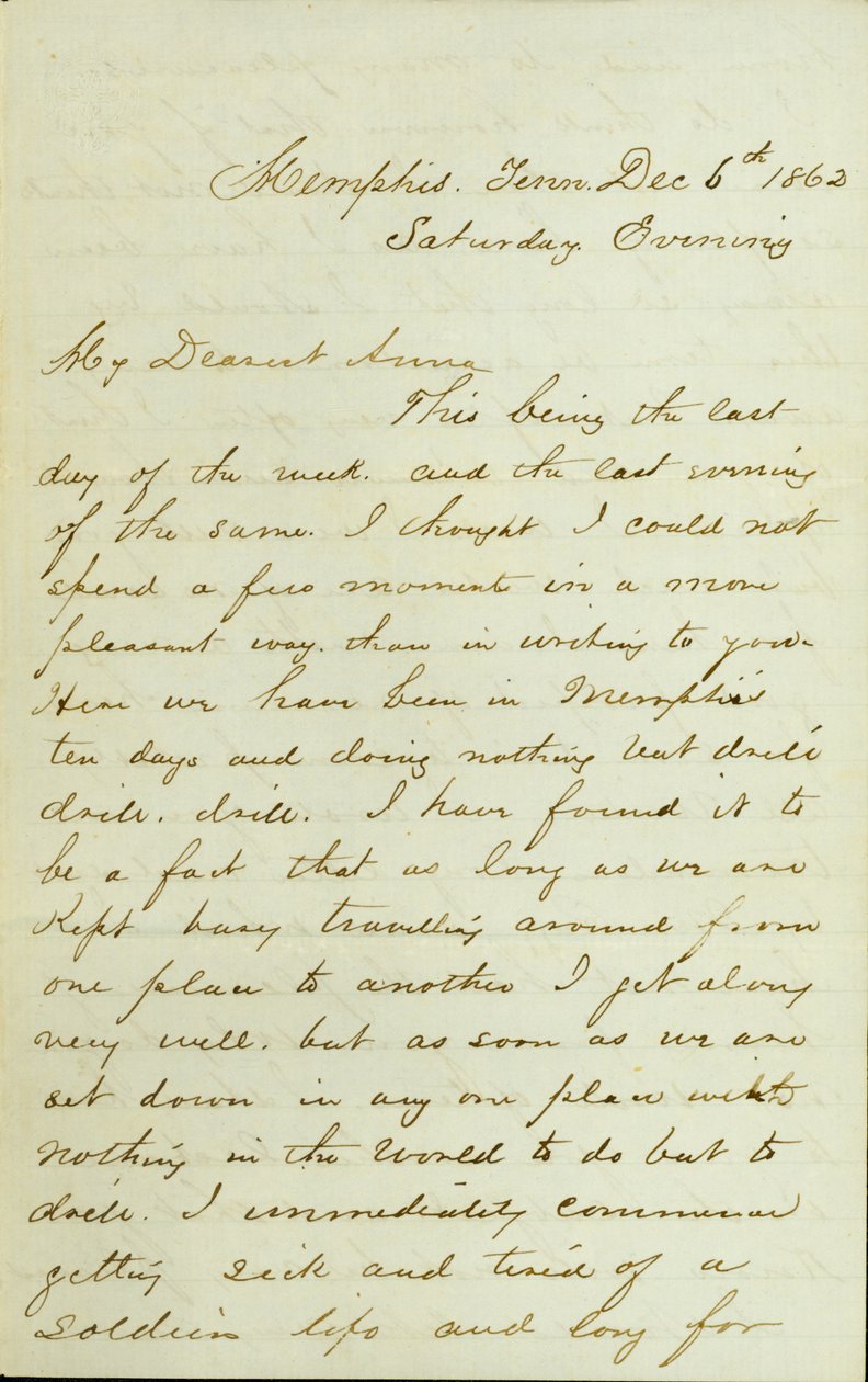 D.R.Greerin kirje, Memphis, Tn., Anna McKinneylle, 6. joulukuuta 1862 tekijältä David Perkins Grier