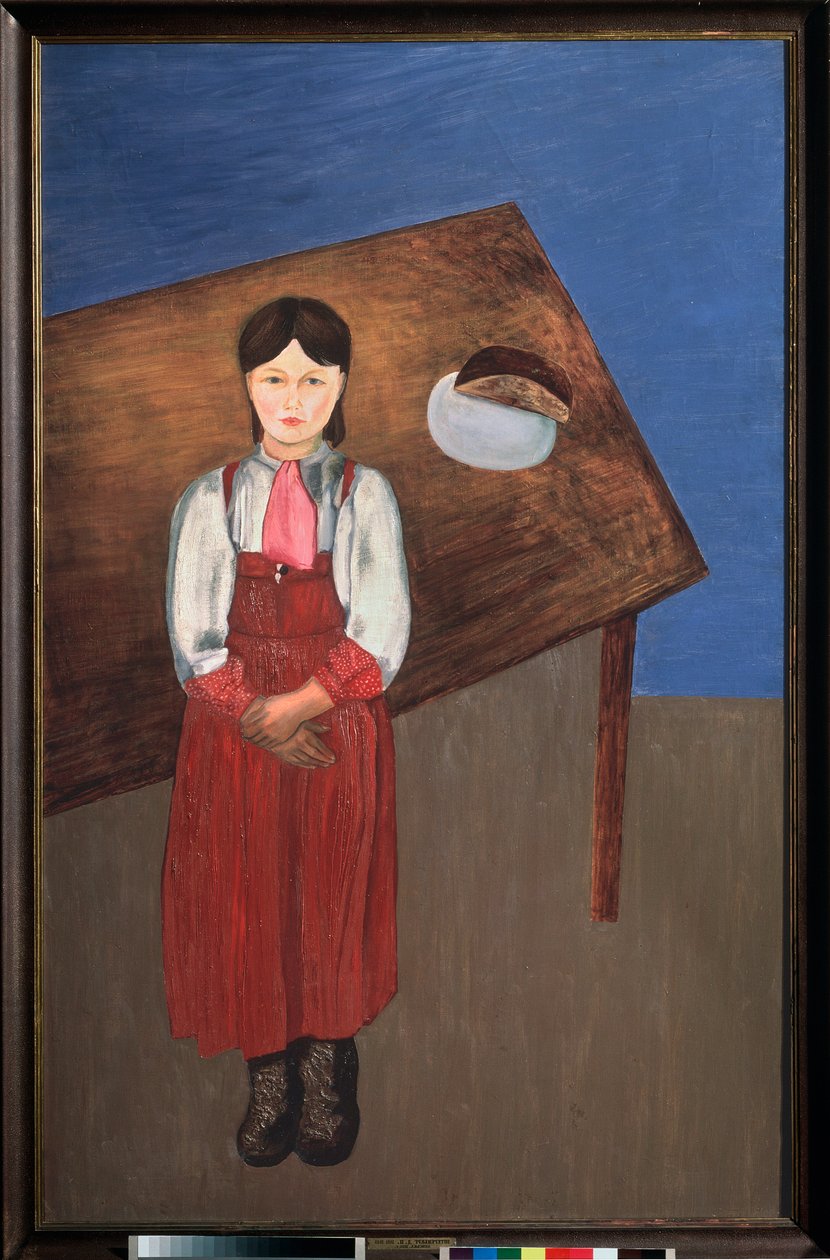 Aniska. (Muotokuva melankolisesta pikkutytöstä pöydän edessä). David Petrovich Sterenbergin (1881-1948) maalaus öljy kankaalle tekijältä David Petrovich Sterenberg