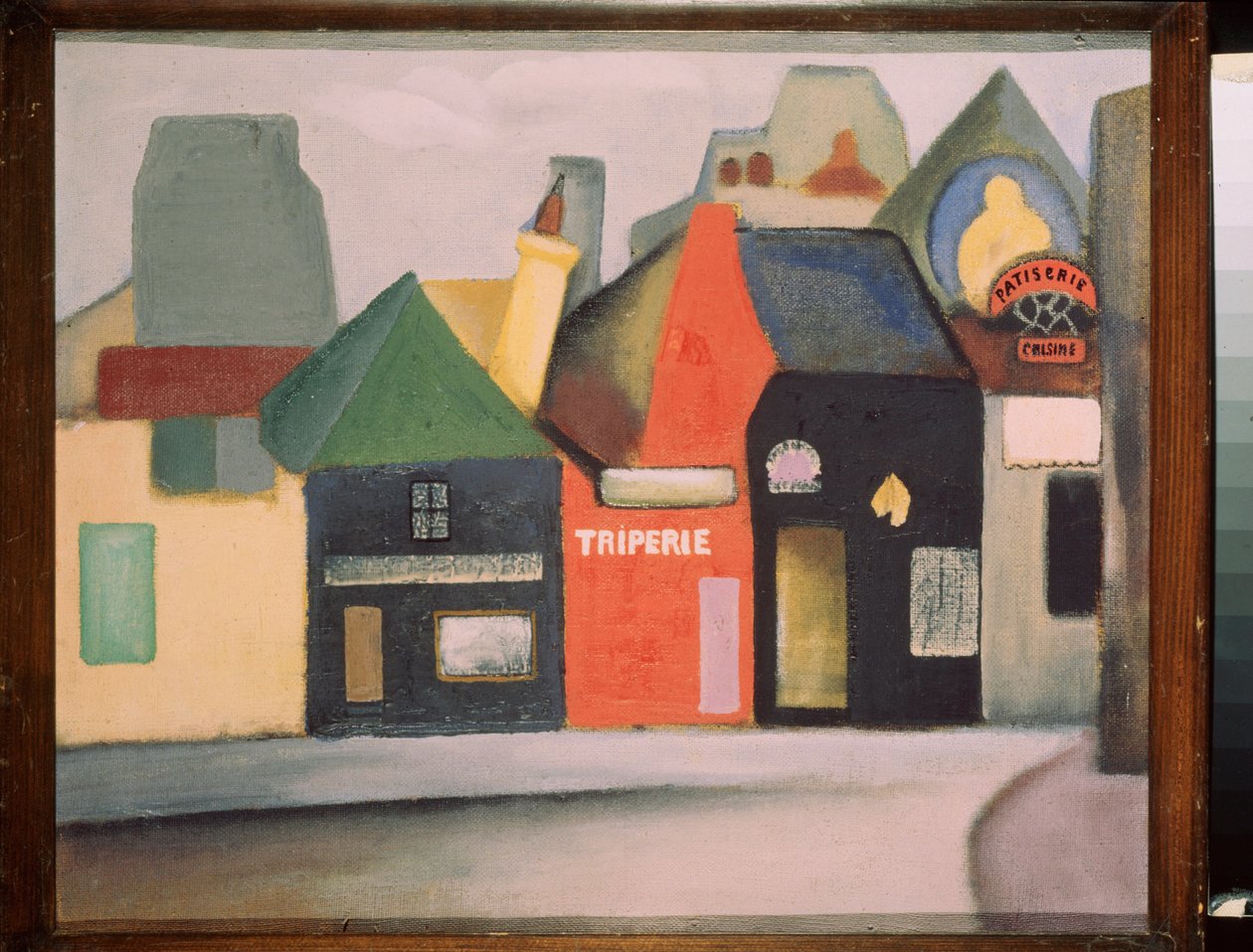 Maisema (ranskalaisen kylän katu, jossa on kipsikauppa ja konditoria). David Petrovich Sterenbergin (1881-1948) maalaus öljy kankaalle tekijältä David Petrovich Sterenberg