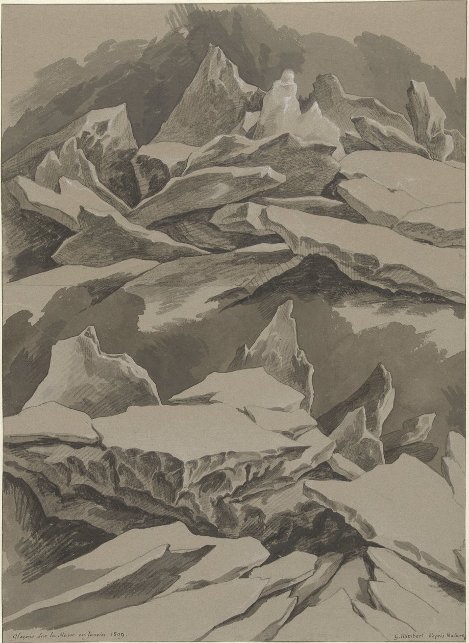 Jäälautat Maasilla tammikuussa 1809 Glaçons sur la Meuse en Janvier 1809 (otsikko esineessä) tekijältä David Pièrre Giottino Humbert de Superville (signed by artist)