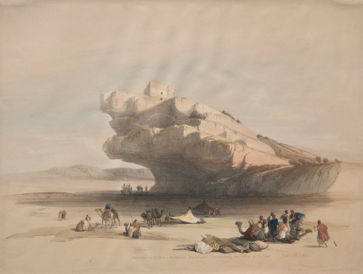 Lähesty Petraa, muinaista vartiotornia, joka komensi El Chorin laaksoa, 1839. tekijältä David Roberts
