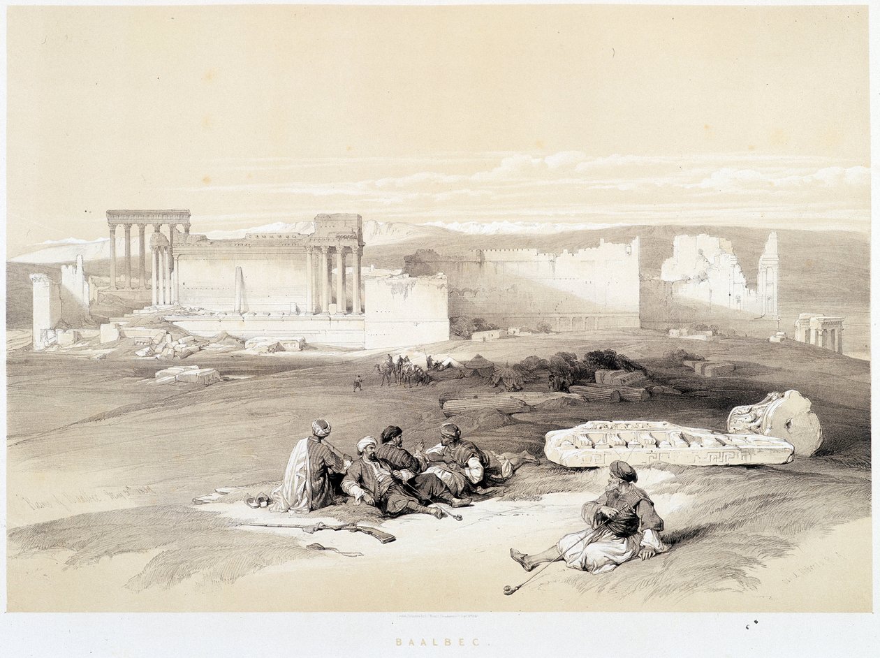 Baalbec (Baalbek) Libanonissa, piirustus tehty 5.5.1839 "Pyhässä maassa" Lontoossa 1849 tekijältä David Roberts