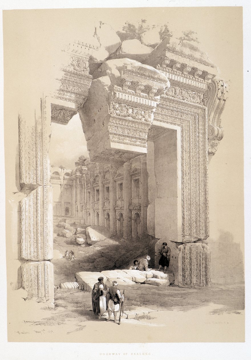 Baalbekin portti Libanonissa, piirustus tehty 7.5.1839 "Pyhässä maassa" Lontoossa 1849 tekijältä David Roberts
