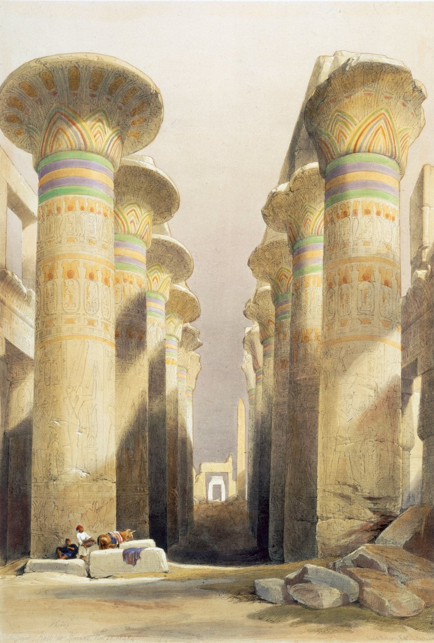Pylväiden suuren salin keskuskatu, Karnak, Egypti, 1800-luku tekijältä David Roberts