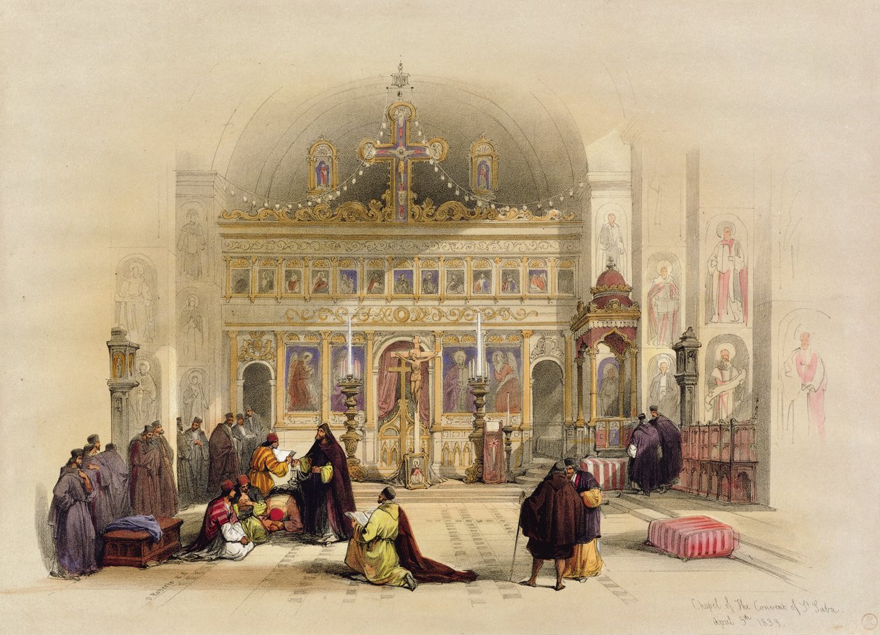 Pyhän Saban luostarin kappeli, 5. huhtikuuta 1839, osasta II "julkaistu Lontoossa "The Holy Land"; kaiverrettu Louis Haghe (1806-85) 1842 Land,
