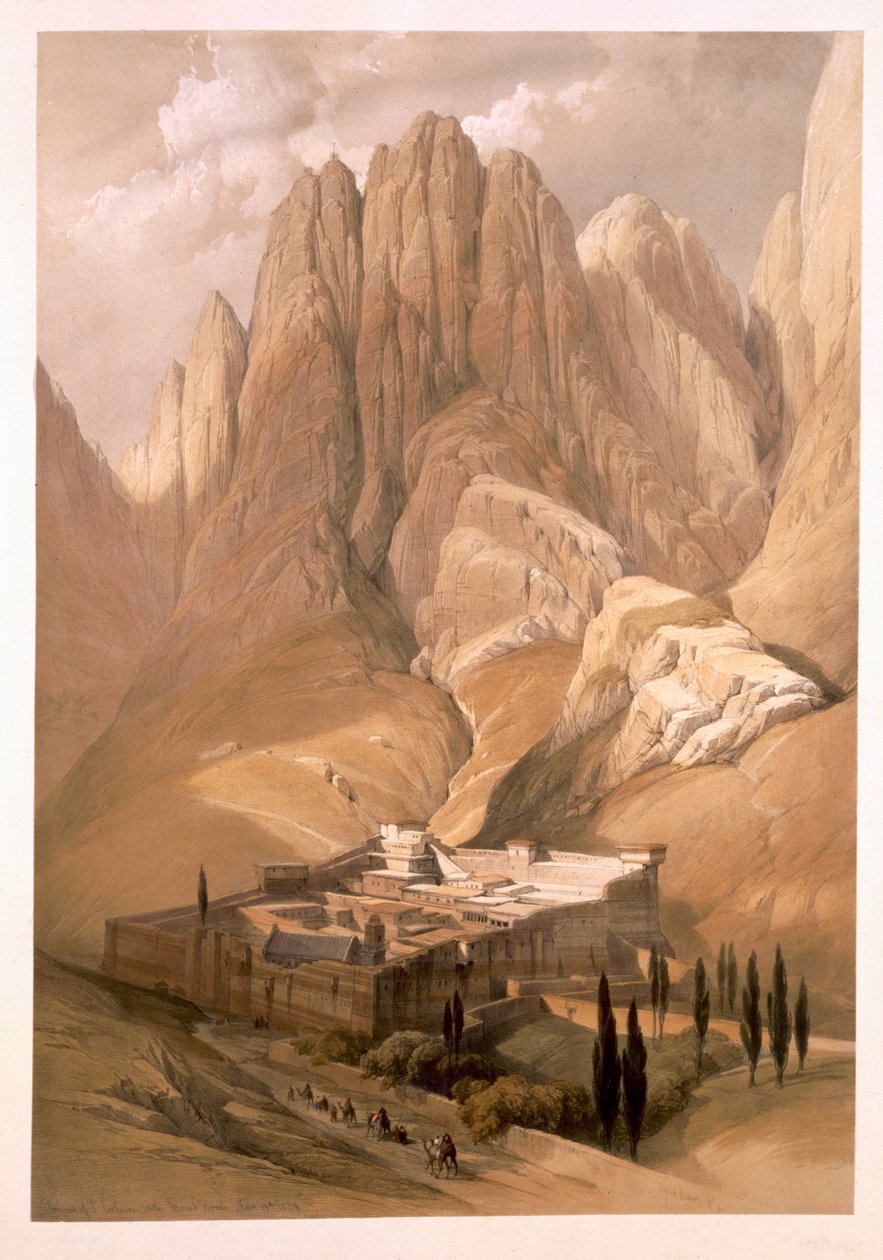 Pyhän Katariinan luostari ja Horeb-vuori, 19. helmikuuta 1839, taulu 118 teoksen "The Holy Land" niteestä III, kaiverrettu Louis Haghe (1806-85) pub. 1849 tekijältä David Roberts