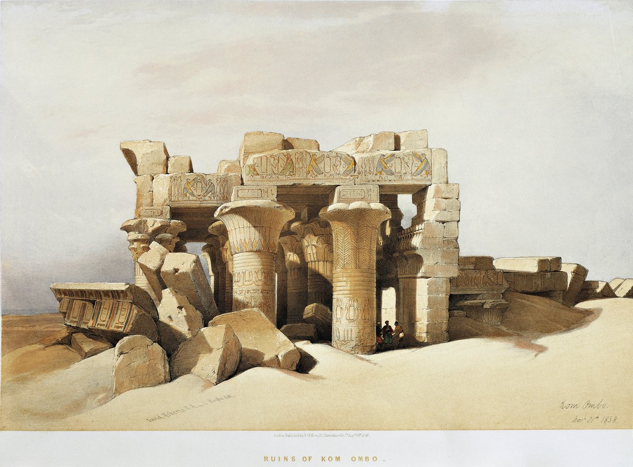 Egypti, Sobekille ja Horukselle omistettu Kom Ombon temppelin rauniot, David Roberts, kaiverrus tekijältä David Roberts