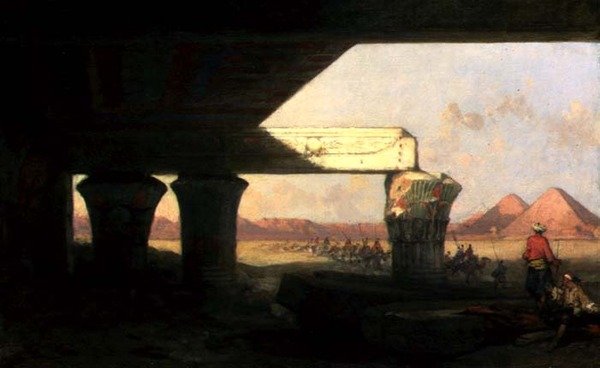 Egyptiläinen maisema, josta on kaukainen näkymä pyramideille tekijältä David Roberts