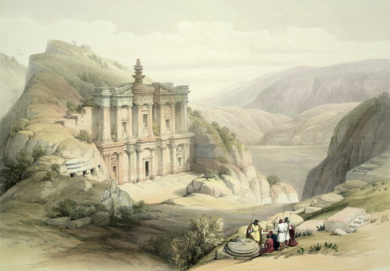 El Deir, Petra, 8. maaliskuuta 1839, levy 90 The Holy Landin III niteestä, kaiverrettu Louis Haghen (1806-85) pub. 1849 tekijältä David Roberts