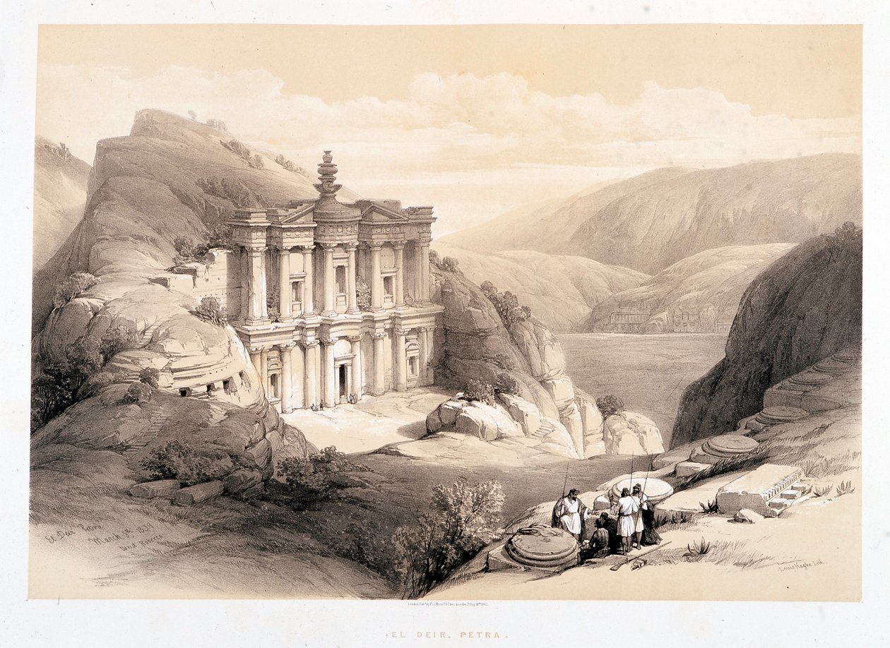 El Deir, Petra, piirustus tehty 08.03.1839 "Pyhässä maassa", Lontoo-1849 tekijältä David Roberts