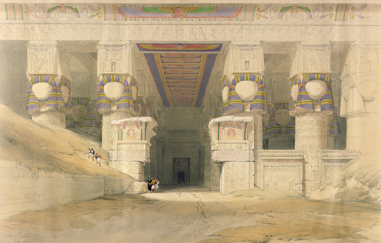 Hathorin temppelin julkisivu Dendarahissa Egyptistä ja Nubiasta, kaiverrettu Louis Haghe (1806-85), julkaistu Lontoossa, 1838 tekijältä David Roberts