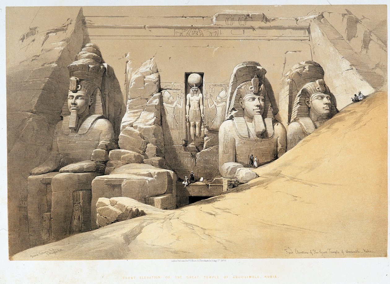 Aboo Simbelin (Abu Simbel, Abu tai Abu Simbel), Nubian (Nubia) suuren temppelin etukorkeus "Pyhässä maassa", Lontoo 1849 tekijältä David Roberts