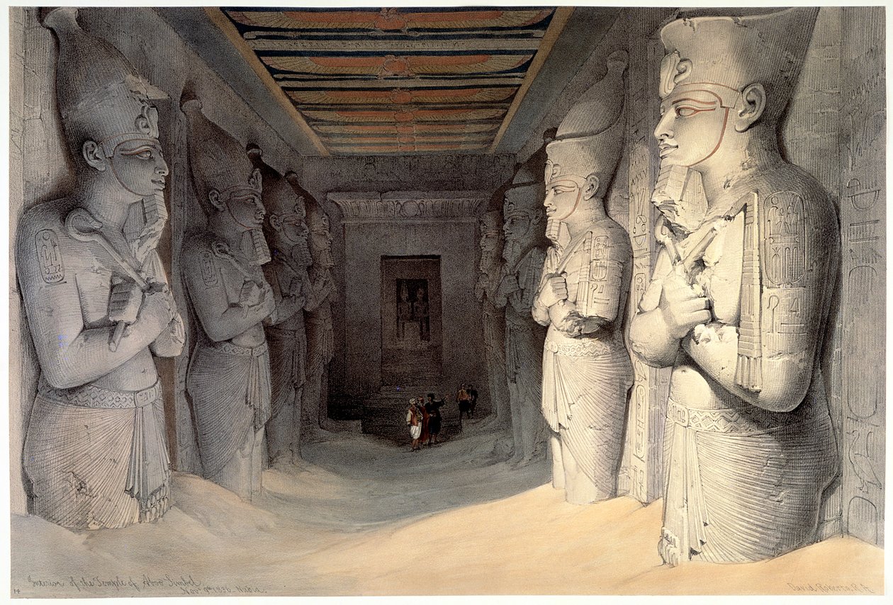 Ramses II:n jättimäiset kalkkikivipatsaat, Ramseksen temppeli, Abu Simbel, Egypti, 1836 tekijältä David Roberts